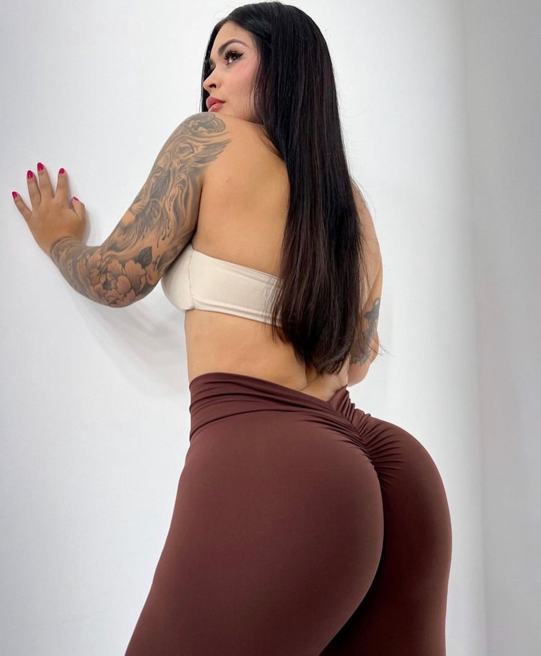 V Shape Seamless  Front Brown Color  Matching Top and  Leggings Set