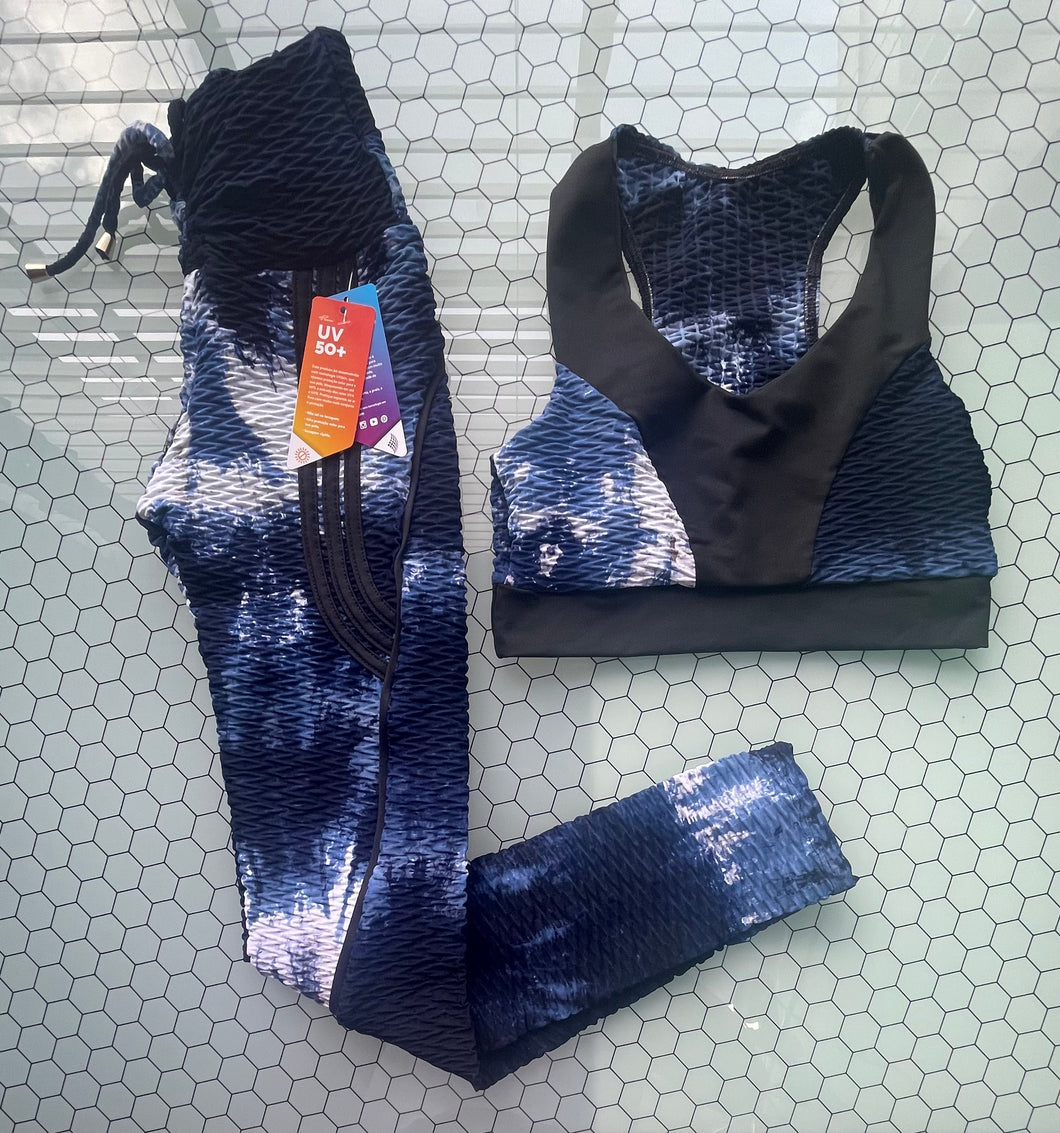 Texture Tie Dye Blue , White and  Black Leggings Set